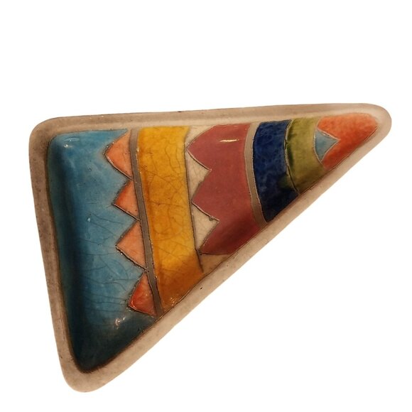Raku PottGeometric Ceramic Triangle Dish From South Africa With Multicolor Desig - Picture 1 of 7